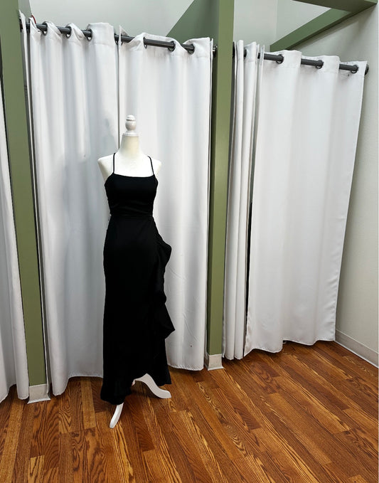 Beautiful satin black dress, wave detailed dress, open spilt with back cross over design.