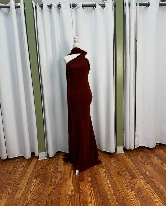 Polyester Dark Rust, scarfed neck design, with beautiful front detail.