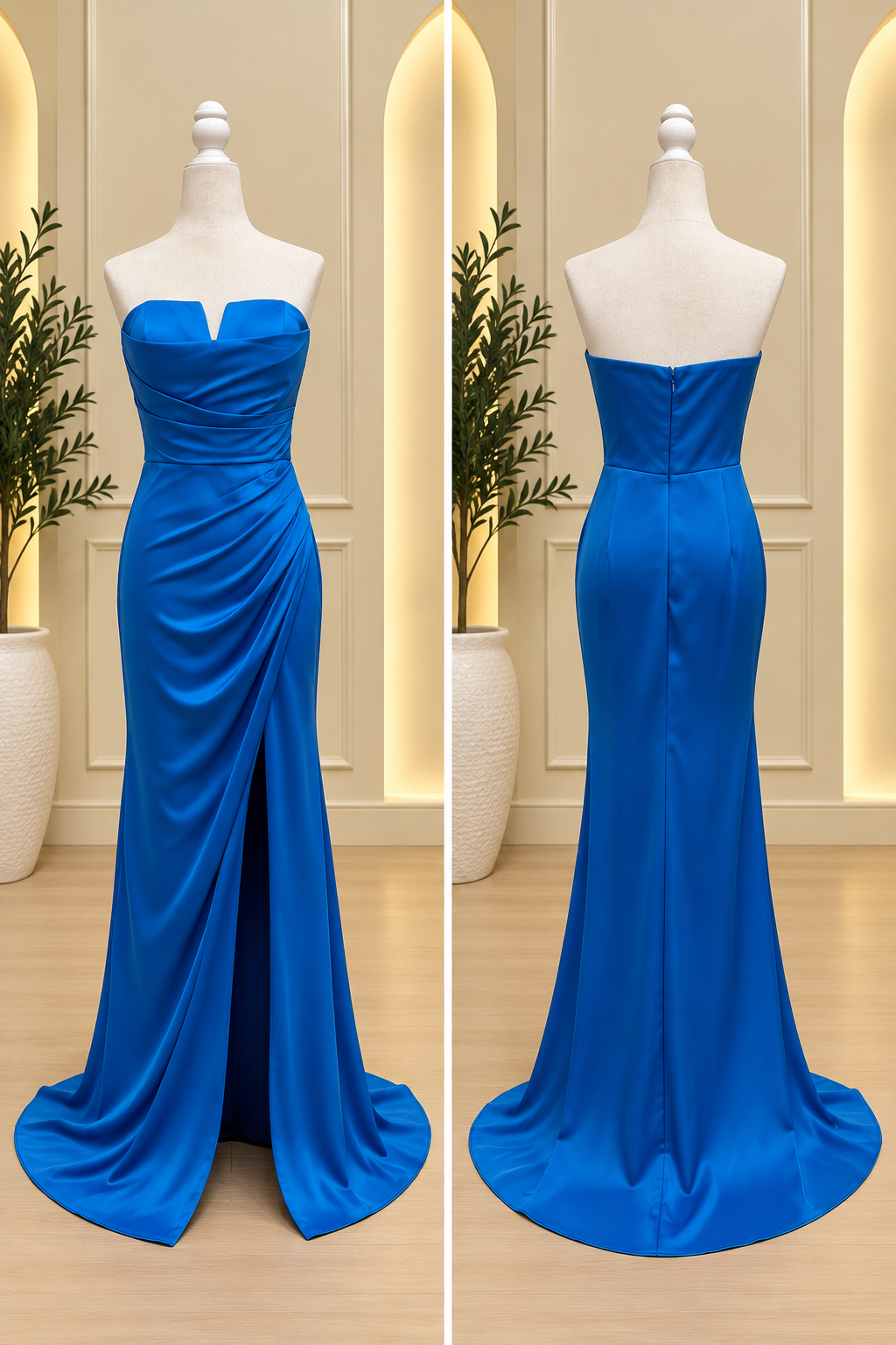 Royal Blue Satin Strapless Ruched Maxi Dress