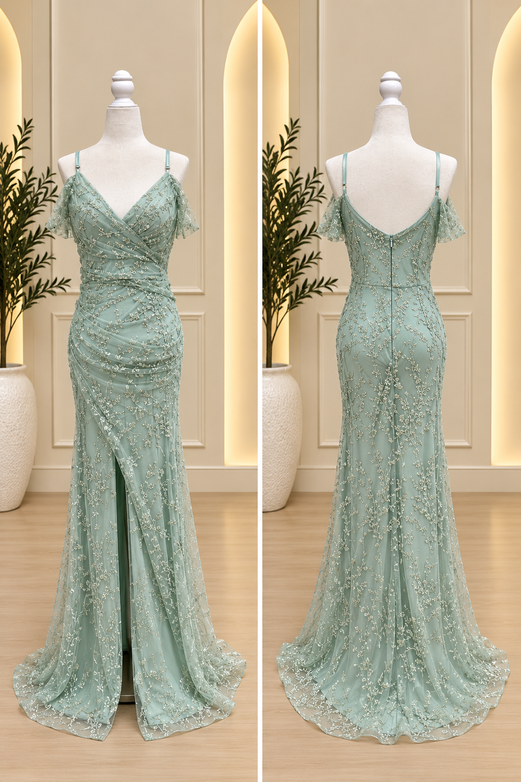 Sage Green Embroidered Cold-Shoulder Maxi Dress