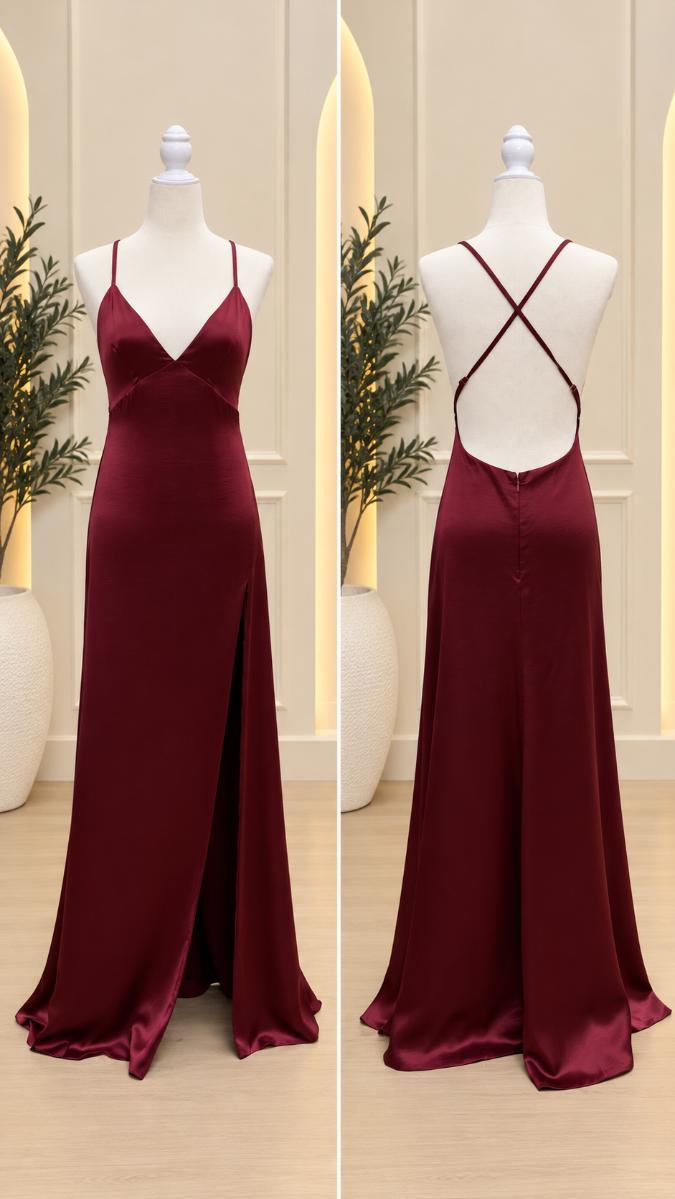 Wine Satin Open-Back Maxi Dress