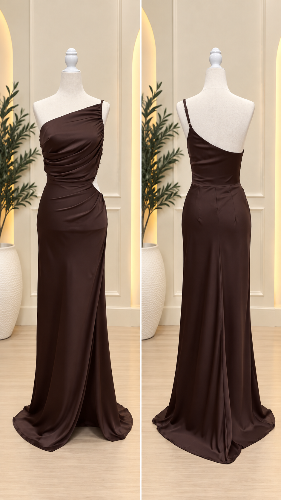 Espresso Satin One-Shoulder Maxi Dress