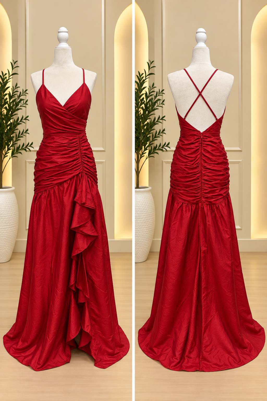 Red Ruched Cross-Back Ruffle Maxi Dress